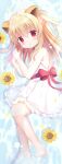  1girl absurdres animal_ears bangs blush dress eyebrows_visible_through_hair flower frilled_dress frills full_body highres kotoriifu lion_ears long_hair lying on_side one_side_up original parted_lips partially_submerged red_eyes solo spaghetti_strap sunflower waist_bow white_dress 