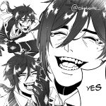  1boy bangs clenched_hand closed_eyes english_text eskabeche fangs genshin_impact gloves greyscale jacket laughing long_hair long_sleeves male_focus monochrome open_mouth ponytail simple_background solo tearing_up tears tongue tongue_out zhongli_(genshin_impact) 