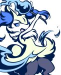  :3 alternate_color animal_ears arm_up blue_eyes blue_theme braixen commentary_request fang fire fox_ears fox_tail furry gen_6_pokemon holding looking_at_viewer monochrome muguet open_mouth pokemon pokemon_(creature) simple_background smile solo standing stick tail white_background 