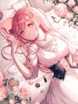  1girl bed_sheet closed_mouth eyebrows_visible_through_hair flower frilled_pillow frills frown hair_flower hair_ornament lipstick lying makeup noyu_(noyu23386566) on_back original petals pillow pink_eyes pink_flower pink_hair pink_rose pink_theme rose solo visible_ears 