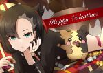  1girl black_hair black_nails box chocolate earrings expressionless gen_8_pokemon gift gift_box green_eyes hair_ribbon jewelry looking_at_viewer marnie_(pokemon) morpeko pokemon pokemon_(game) pokemon_swsh ribbon ttpokopoko twintails valentine 