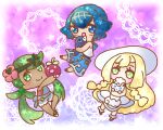  3girls alolan_form alolan_vulpix arm_up bare_shoulders blonde_hair blue_eyes blue_hair blue_pants blue_sailor_collar blue_swimsuit blush bounsweet braid chibi commentary_request dark_skin dress eyebrows_visible_through_hair flower full_body gen_7_pokemon green_eyes green_hair green_hairband hair_flower hair_ornament hairband happy hat holding holding_pokemon hug lana_(pokemon) lillie_(pokemon) long_hair looking_at_viewer mallow_(pokemon) muguet multiple_girls one-piece_swimsuit open_mouth outstretched_arm overalls pants pink_flower pink_shirt pokemon pokemon_(creature) pokemon_(game) pokemon_sm popplio purple_background sailor_collar shirt sleeveless sleeveless_dress sleeveless_shirt smile socks standing star_(symbol) sun_hat swimsuit swimsuit_under_clothes tied_hair twin_braids twintails very_long_hair white_dress white_headwear white_shirt yellow_eyes yellow_hairband 