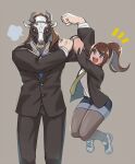  1boy 1girl :d asahina_aoi bangs belt black_jacket blue_eyes blue_neckwear brown_hair commentary_request cow_mask dangan_ronpa_(series) dangan_ronpa_3_(anime) denim denim_shorts feet_out_of_frame flexing formal great_gozu grey_legwear hanging jacket legwear_under_shorts long_hair long_sleeves looking_at_viewer mask medium_hair necktie nose_piercing nose_ring official_alternate_costume open_mouth pantyhose piercing ponytail pose shirt shoes short_shorts shorts sketti smile suit 