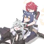  3girls absurdres animal_ears arknights blush closed_eyes english_text exusiai_(arknights) fang girl_sandwich halo highres hug lappland_(arknights) long_hair long_sleeves multiple_girls open_mouth profnote redhead sandwiched shadow short_hair short_sleeves silver_hair sitting smile texas_(arknights) white_background wolf_ears yuri 