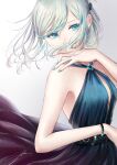  1girl an-94_(girls_frontline) aqua_dress aqua_eyes bangs bare_shoulders belt breasts covered_mouth dress ear_piercing eyebrows_visible_through_hair filha girls_frontline hair_ornament highres long_hair looking_at_viewer nail_polish piercing platinum_blonde_hair silver_hair small_breasts solo white_background 