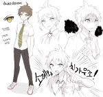  1boy bangs breast_pocket brown_hair collared_shirt commentary_request dangan_ronpa_(series) dangan_ronpa_2:_goodbye_despair green_neckwear hinata_hajime looking_at_viewer male_focus multiple_views necktie open_mouth pants pocket pointing pointing_at_viewer shirt shoes short_hair sweatdrop translation_request white_background yuhi_(hssh_6) 