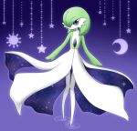  1girl alternate_eye_color commentary_request crescent_moon diamond_(shape) full_body gardevoir gen_3_pokemon gradient gradient_background green_hair hair_over_one_eye highres knees_together_feet_apart looking_at_viewer moon muguet no_mouth pokemon pokemon_(creature) purple_background ripples short_hair simple_background solo standing star_(symbol) sun violet_eyes walking 