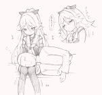  1boy 1girl admiral_(kancolle) blush bow commentary_request embarrassed hair_bow hair_ornament hairclip have_to_pee kantai_collection koorimizu lap_pillow long_hair monochrome school_uniform serafuku simple_background sleeping sweat text_focus thigh-highs translation_request trembling yamakaze_(kancolle) 