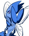  blue_theme commentary_request from_behind gen_2_pokemon insect_wings looking_at_viewer looking_back monochrome muguet no_humans pokemon pokemon_(creature) scizor simple_background solo upper_body violet_eyes white_background wings 