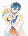  1boy 8&#039;108 anniversary belt black_shirt blue_eyes blue_hair blue_nails bouquet brown_pants character_name coat commentary cowboy_shot dated flower grin headset holding holding_bouquet kaito looking_at_viewer male_focus nail_polish pants shirt smile standing vocaloid white_background white_coat 