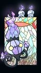  chandelure commentary_request fire full_body gen_5_pokemon highres litwick muguet no_humans open_mouth pokemon pokemon_(creature) smile stained_glass yellow_eyes 