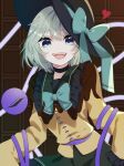  1girl :d black_headwear blouse blue_bow blurry bow breasts commentary_request depth_of_field eringi_(rmrafrn) eyeball eyebrows_behind_hair frilled_shirt_collar frills green_eyes green_skirt hat hat_bow heart highres komeiji_koishi light_green_hair long_sleeves looking_at_viewer open_mouth short_hair skirt small_breasts smile solo third_eye tilted_headwear touhou upper_body wall wide_sleeves yellow_blouse 