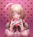  1girl ;) ahoge akamatsu_kaede alternate_costume artist_name bangs black_ribbon blonde_hair box c01a_(cola) commentary dangan_ronpa_(series) dangan_ronpa_v3:_killing_harmony dress_shirt gift gift_box hair_ornament hairclip hands_up heart heart_background heart_hair_ornament highres holding long_hair long_sleeves looking_at_viewer one_eye_closed pink_background pink_eyes repost_notice ribbon shirt smile solo swept_bangs upper_body valentine violet_eyes 