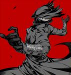  1boy arizuka_(catacombe) arm_guards bloodborne cloak coat commentary_request gloves hands hat highres hunter_(bloodborne) looking_at_viewer male_focus mask mouth_mask red_background red_eyes short_hair simple_background solo standing tricorne twisted_torso white_hair 