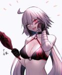  1girl ahoge bikini breasts eyebrows_visible_through_hair fate/grand_order fate_(series) gloves heterochromia holding holding_weapon jeanne_d&#039;arc_(alter)_(fate) jeanne_d&#039;arc_(alter_swimsuit_berserker)_(fate) jeanne_d&#039;arc_(fate)_(all) open_mouth red_eyes roro_982 smile swimsuit white_background white_hair yellow_eyes 