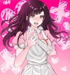  1girl absurdres apron bandaged_arm bandages bangs black_hair blunt_bangs blush breasts commentary_request cross dangan_ronpa_(series) dangan_ronpa_2:_goodbye_despair eyebrows_visible_through_hair gradient gradient_background hands_up heart heart-shaped_pupils highres long_hair looking_at_viewer mole mole_under_eye open_mouth pink_background pink_shirt puffy_short_sleeves puffy_sleeves purple_hair ria_rumiona shiny shiny_hair shirt short_sleeves skirt solo symbol-shaped_pupils teeth tsumiki_mikan upper_body white_apron 
