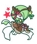  1girl antlers bell bow brown_coat chibi christmas clothed_pokemon coat commentary_request fake_antlers full_body fur_trim gardevoir gen_3_pokemon gift green_hair hair_over_one_eye hairband happy holding muguet off_shoulder open_mouth pokemon pokemon_(creature) red_bow red_eyes red_ribbon ribbon short_hair simple_background sleeves_past_fingers sleeves_past_wrists smile solo white_background 