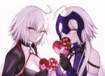  2girls ahoge chain fate/grand_order fate_(series) headpiece heart jeanne_d&#039;arc_(alter)_(fate) jeanne_d&#039;arc_(alter_swimsuit_berserker)_(fate) jeanne_d&#039;arc_(fate)_(all) looking_at_viewer multiple_girls roro_982 white_background white_hair yellow_eyes 