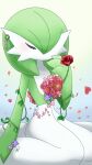  1girl blue_background blush closed_eyes clover commentary_request flower four-leaf_clover gardevoir gen_3_pokemon gradient gradient_background green_hair hair_over_one_eye hand_up highres light_blush muguet no_mouth petals pink_flower plant pokemon pokemon_(creature) purple_flower red_flower red_rose rose short_hair simple_background sitting solo thorns vines white_background 