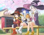  3girls asymmetrical_legwear bandages belt bench black_cat blue_eyes blue_hair boots brown_hair cape cat cherry_blossoms choker chomusuke coat crossover cup elaina_(majo_no_tabitabi) fingerless_gloves frills gloves grey_hair hat highres holding holding_cup kadokawa kono_subarashii_sekai_ni_shukufuku_wo! long_hair long_sleeves majo_no_tabitabi megumin multiple_girls mushoku_tensei red_eyes ribbon roxy_migurdia sabcoo shoes short_hair sitting tea trait_connection witch witch_hat 