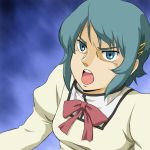  1girl blue_eyes bow gundam hair_ornament hairclip kamille_bidan mahou_shoujo_madoka_magica miki_sayaka onsoku_maru parody school_uniform short_hair solo style_parody zeta_gundam 