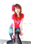   denim_skirt fishnet_stockings fishnets flower hello_kitty hirano_aya t-shirt  