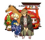  1boy 1girl bamboo blonde_hair blue_eyes brown_eyes brown_hair frederica_irving highlander_(etrian) horse japanese_clothes sekaiju_no_meikyuu shin_sekaiju_no_meikyuu torii xharunoyasaix 