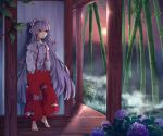  1girl bamboo bamboo_forest barefoot bow cigarette flower forest fujiwara_no_mokou hachimitsu_ame_(phoenix) hair_bow hair_ribbon hands_in_pockets juliet_sleeves leaning long_hair long_sleeves nature pants puffy_sleeves red_eyes ribbon shirt silver_hair solo standing sunset suspenders touhou tress_ribbon veranda very_long_hair wall 
