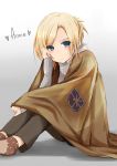  1girl annie_leonhardt blanket blonde_hair blue_eyes blush character_name contemporary heart highres long_sleeves noe_(mabue) ponytail shingeki_no_kyojin short_hair sitting solo sweater turtleneck 