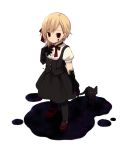  1girl black_cat blonde_hair bowtie brown_eyes cat darkness dress hair_ribbon ink leggings mary_janes original pantyhose puffy_short_sleeves puffy_sleeves ribbon shoes short_hair short_sleeves solo tozaki_makoto 