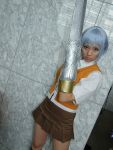  blue_hair cosplay knee_socks mai_hime miyu_greer school_uniform sword_arm tamaki_shuri 