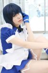  apron blue_hair cosplay eyepatch gloves handcuffs ikkitousen kneehighs maid maid_uniform namada photo ryomou_shimei 