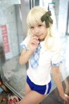  blonde_hair cosplay gym_uniform hair_bow mariharu tagme_character tagme_series 