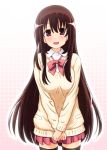  1girl black_legwear blush brown_hair diesel-turbo hair_ornament long_hair looking_at_viewer matsumi_kuro open_mouth pleated_skirt red_eyes saki school_uniform simple_background skirt solo thigh-highs v_arms zettai_ryouiki 