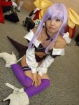   brabelt cosplay dizzy guilty_gear hair_bows onihara_akira open_dress purple_hair thigh-highs under_boob  