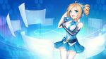  1girl ahoge aizawa_inori aposekari bare_shoulders belt blue_eyes brown_hair fingerless_gloves gloves hair_ornament headphones highres internet_explorer looking_at_viewer microphone open_mouth os-tan personification pricey singing skirt solo thigh-highs wallpaper zettai_ryouiki 