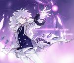 1boy add_(elsword) coat crazy_eyes elsword energy facial_mark gloves grin jya lightning long_hair looking_afar male necktie outstretched_hand pants purple_background smile solo tattoo violet_eyes white_hair wide-eyed 