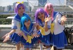   blue_hair cosplay hair_bow hiiragi_kagami hiiragi_tsukasa izumi_konata knee_socks lucky_star pantyhose pink_hair purple_hair sailor_uniform school_uniform takara_miyuki twintails  