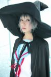  ari_(model) cape cosplay nagato_yuki photo sailor_uniform school_uniform silver_hair suzumiya_haruhi_no_yuuutsu witch_hat 