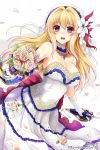  1girl :d blonde_hair bouquet breasts bridal_gauntlets cleavage dress flower jewelry kikyou-0423 necklace open_mouth red_eyes rose smile sword venus_blade weapon 