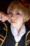  blonde_hair cheek_pull cosplay eyemask gintama katou_mari okita_sougo photo uniform 