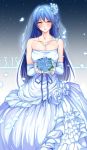  1girl bare_shoulders blue_hair blush bouquet dress flower hair_flower hair_ornament highres jewelry long_hair love_live!_school_idol_project minamon_(vittel221) necklace parted_lips petals small_breasts solo sonoda_umi very_long_hair wedding_dress yellow_eyes 