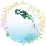  1girl arched_back arms_at_sides blue_eyes blue_hair drill_hair head_fins japanese_clothes jumping kimono kurage_(artist) looking_at_viewer mermaid monster_girl obi parted_lips sash short_hair simple_background solo touhou twin_drills wakasagihime water white_background 