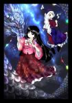  2girls arrow black_border black_hair border bow bow_(weapon) branch dragon dress eastern_dragon grey_eyes hat holding houraisan_kaguya jeweled_branch_of_hourai long_hair long_skirt mdnk milky_way multiple_girls night night_sky nurse_cap oota_jun&#039;ya_(style) parody puffy_short_sleeves puffy_sleeves short_sleeves silver_hair skirt sky smile space star_(sky) starry_sky style_parody touhou very_long_hair weapon yagokoro_eirin 