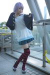  belt_as_garter cosplay kaieda_kae photo purple_hair rosario+vampire shirayuki_mizore striped tank_top thigh-highs 
