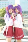  cosplay hair_bow hair_bows hair_ribbons hiiragi_kagami hiiragi_tsukasa kanazaki_shino lucky_star photo purple_hair rindou_sana sailor_uniform school_uniform twintails 