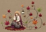  1girl autumn autumn_leaves bag book branch dress food fruit green_eyes jewelry lantern leaf leggings long_hair maple_leaf multicolored_hair necklace open_clothes open_jacket original shoulder_bag sitting solo tozaki_makoto twintails 
