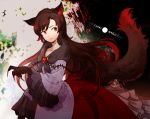  1girl animal_ears brooch brown_hair character_name dress fingernails imaizumi_kagerou iwamoto_james jewelry long_hair long_sleeves paws red_eyes solo tail touhou wide_sleeves wolf_ears wolf_tail 