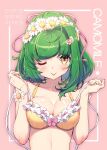  1girl ahoge aki_(aki_mechdoll) bangs blush bra breasts collarbone english_commentary eyebrows_visible_through_hair flower flower_bracelet frilled_bra frills green_hair hair_flower hair_ornament head_wreath looking_at_viewer medium_breasts one_eye_closed original pink_background short_hair solo tongue tongue_out underwear upper_body yellow_bra 
