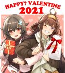  2021 2girls ahoge bag black_hair box brown_hair clenched_hand coat cowboy_shot double_bun gift gift_bag gift_box grin hair_flaps hair_ornament hairband hairclip happy_valentine holding holding_bag holding_gift jacket jingei_(kancolle) kantai_collection kongou_(kancolle) long_hair low_ponytail multiple_girls one_eye_closed red_eyes ribbon scarf smile sweat sweatdrop trembling valentine violet_eyes watanore winter_clothes winter_coat 